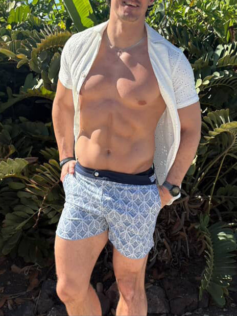 Man in swim shorts and sunglasses standing in a tropical setting