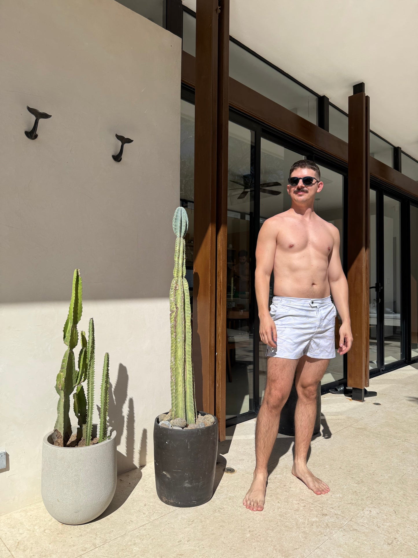 Man standing shirtless in a pair of swim trunks with a cactus plant in the foreground.