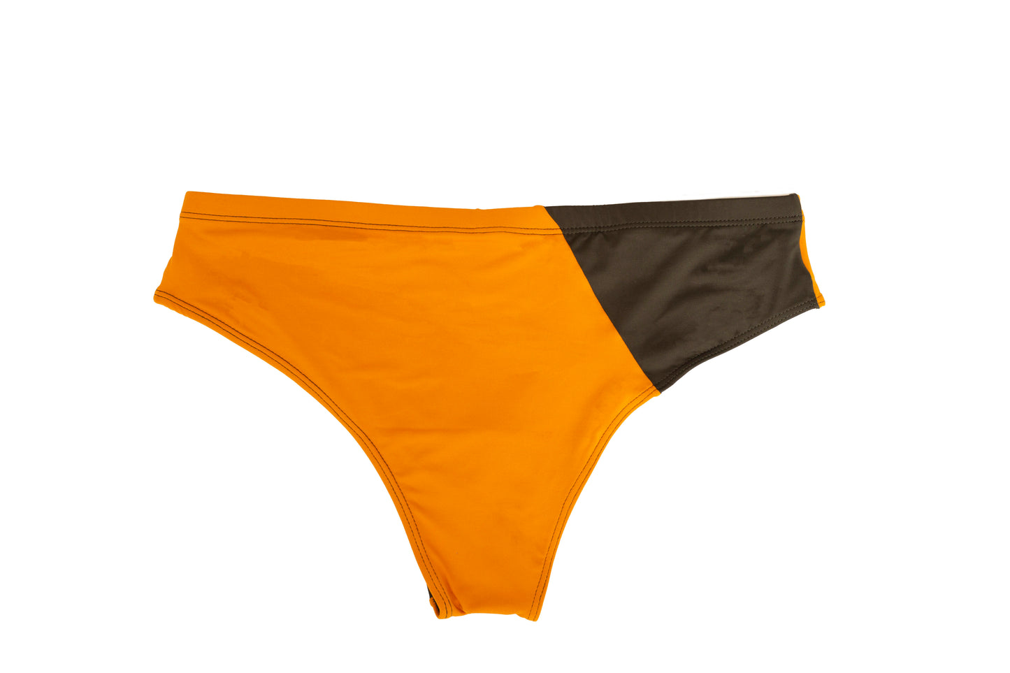 back side of swim brief in color block orange and green. luxury men’s swimsuits