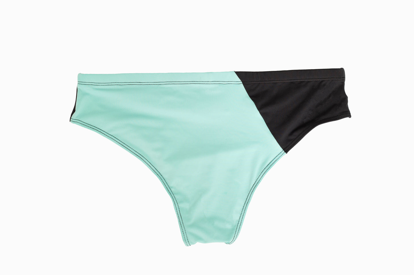 luxury men’s swimsuits in glacier blue and black. back side on white background