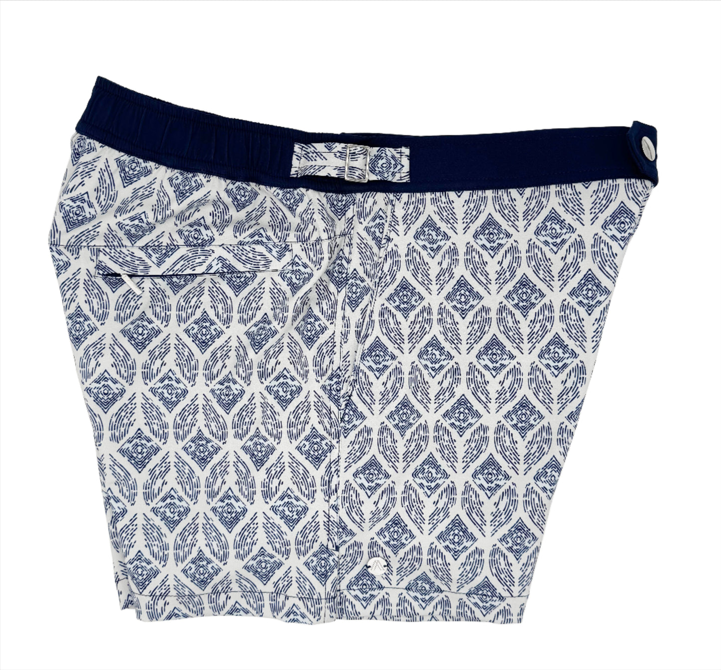 side view of swim shorts in aegean mosaic pattern. Blue and white