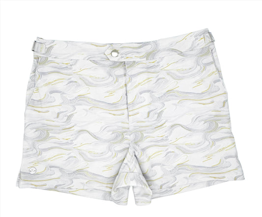 A pair of white swim shorts with a Carrara marble print design, featuring a mid-thigh length and a button fly closure.