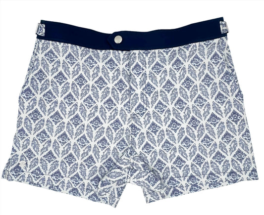 A pair of swim shorts with a geometric pattern in shades of blue and white.