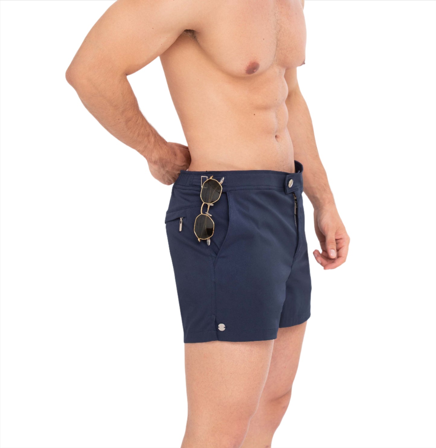 navy blue swim trunks. high-end swim trunks