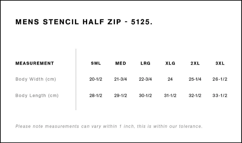 Measurement chart for Mens Stencil Half Zip size 5125 with body width and length dimensions.