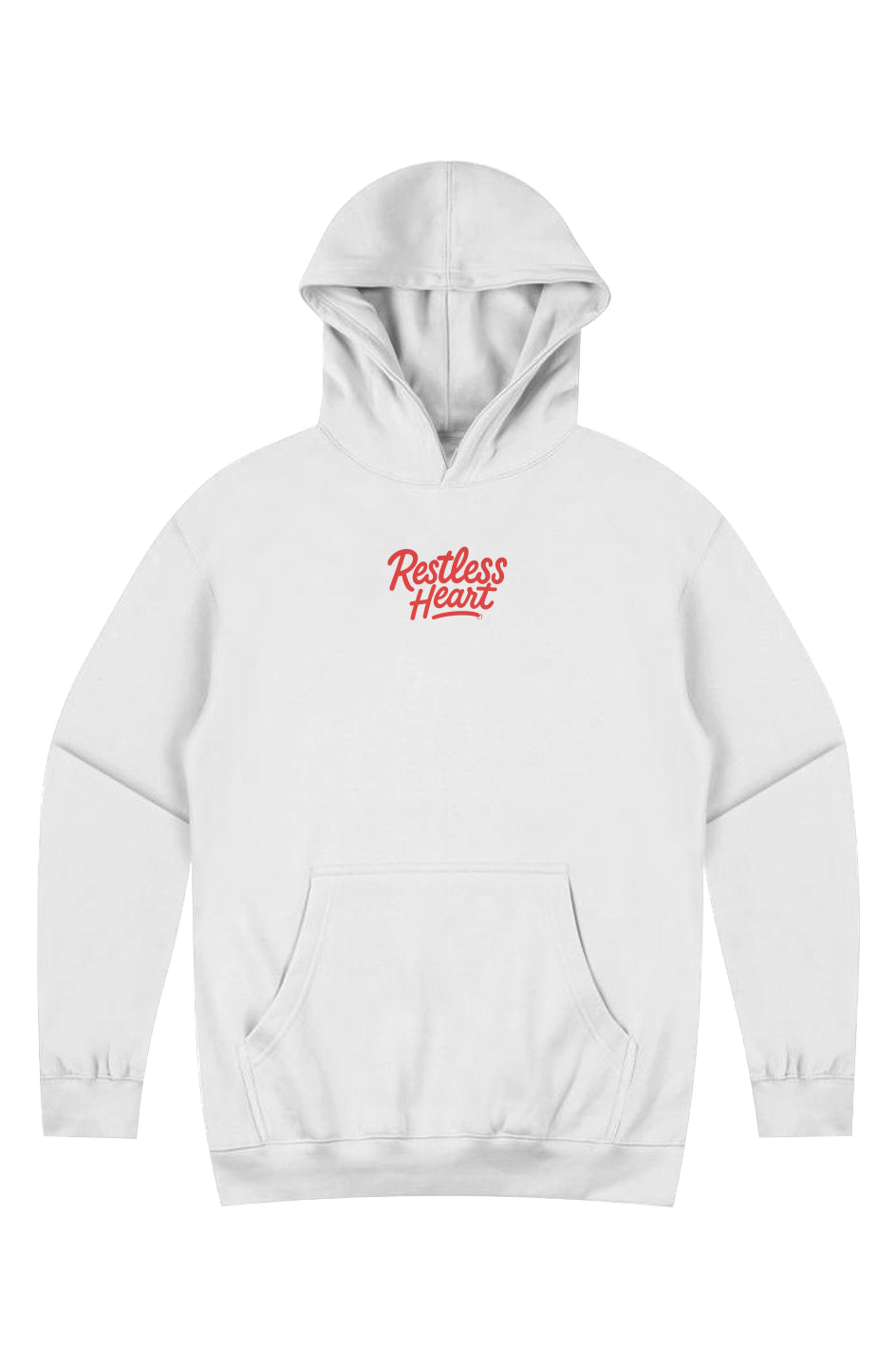 White hoodie with red text on a white background