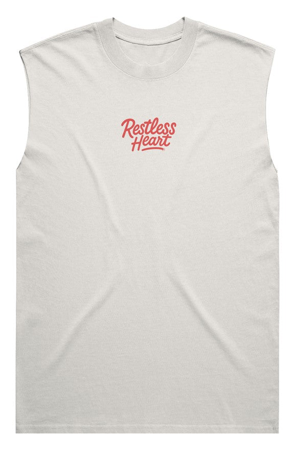 White sleeveless shirt with 'Restless Heart' text on a white background