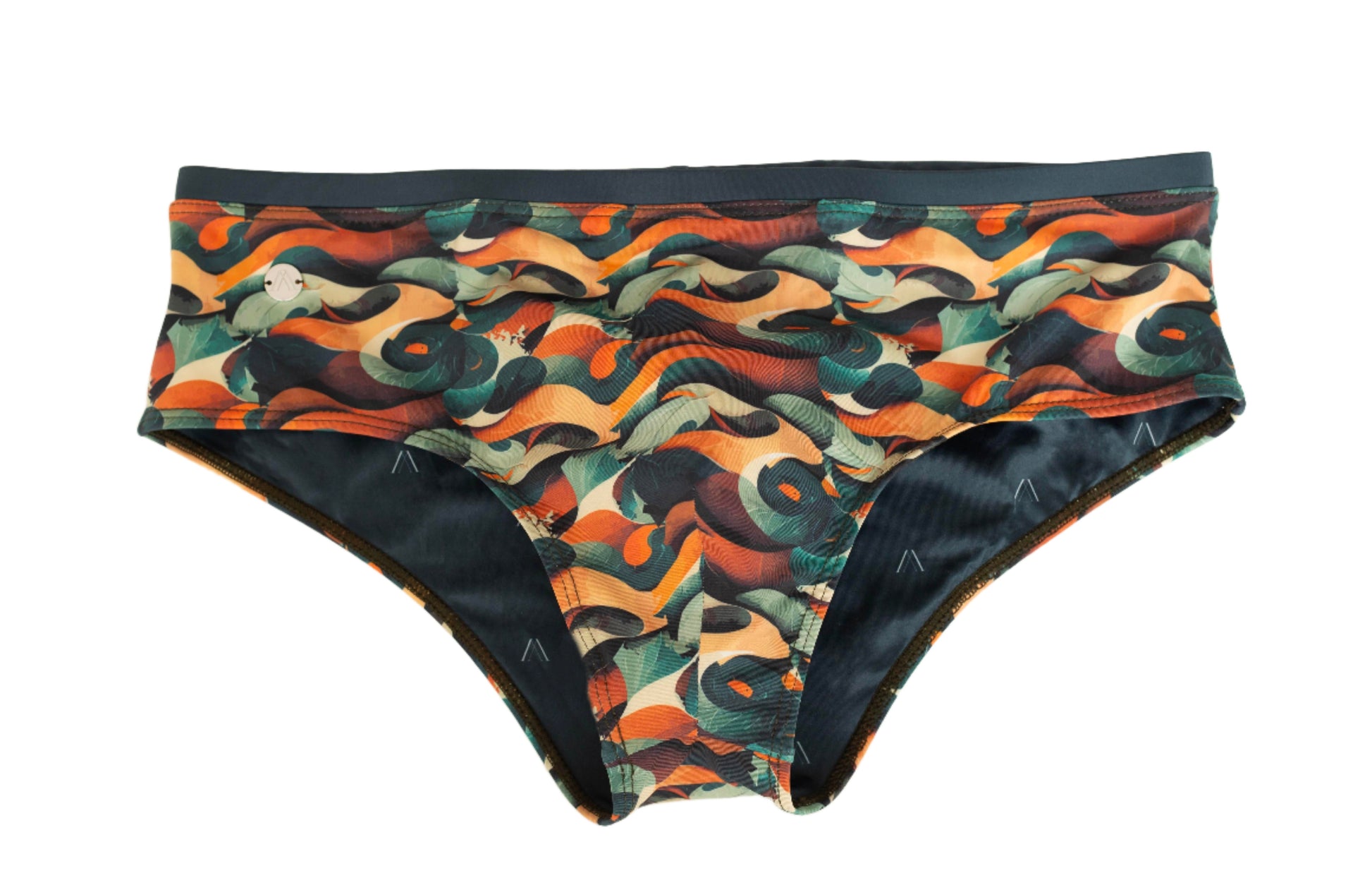A swim brief with a multicolor tropical jungle wave pattern on a black background.