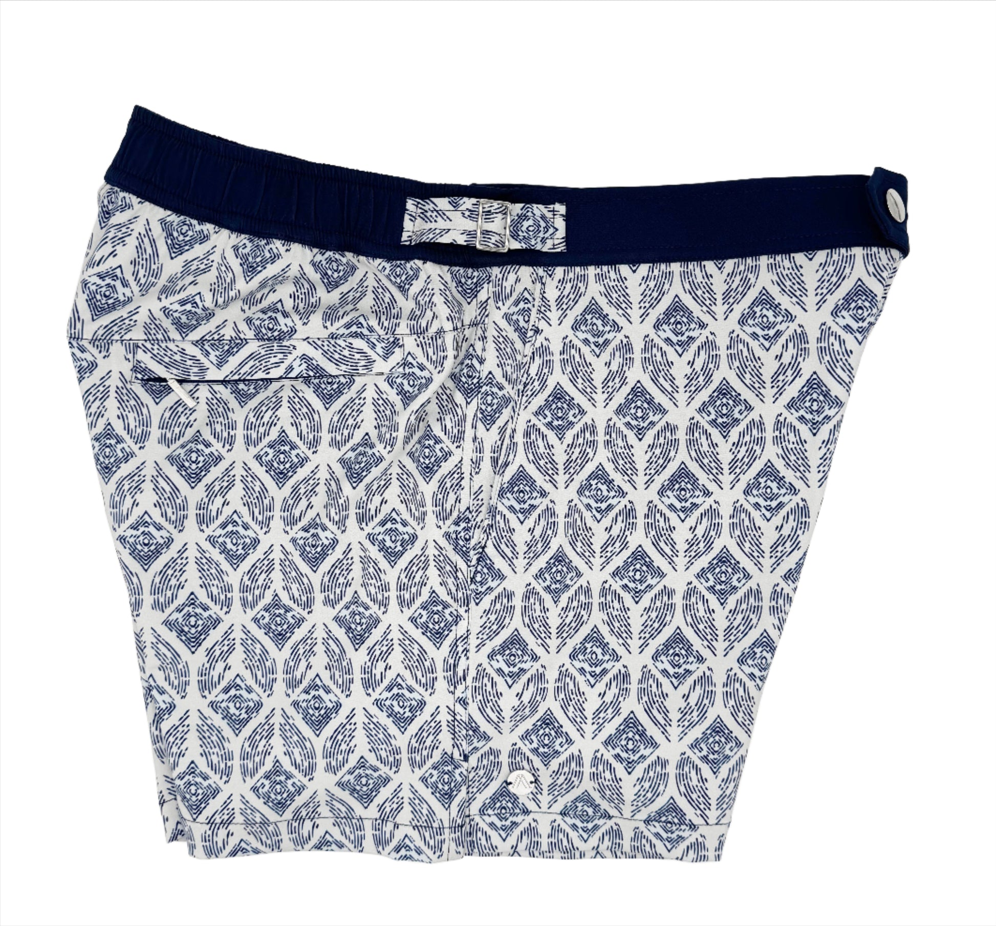 side view of swim shorts in aegean mosaic pattern. Blue and white