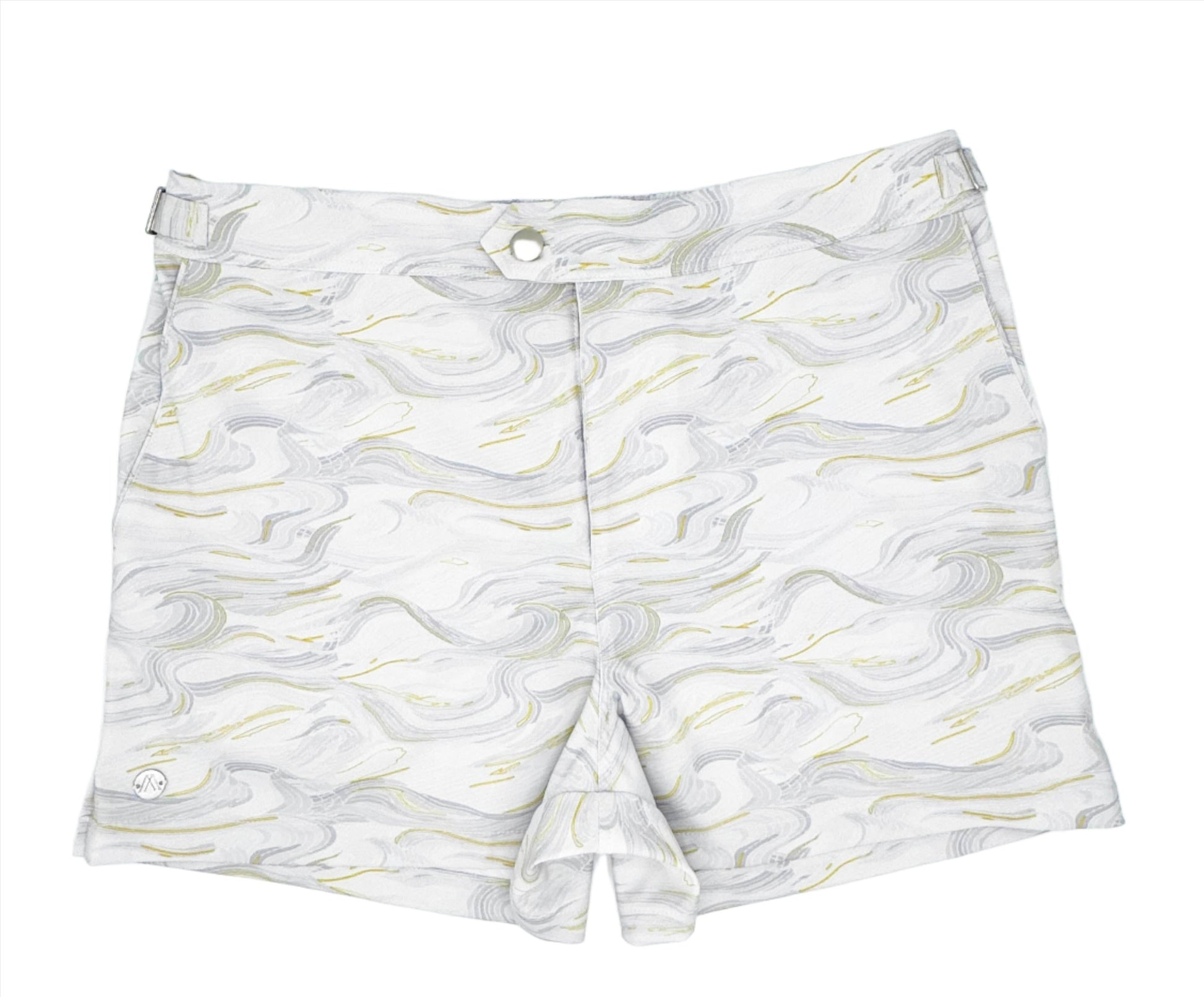 A pair of white swim shorts with a Carrara marble print design, featuring a mid-thigh length and a button fly closure.