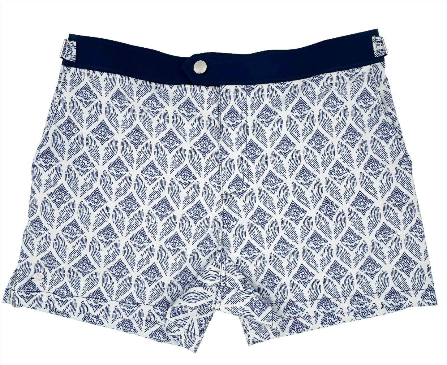 A pair of swim shorts with a geometric pattern in shades of blue and white.