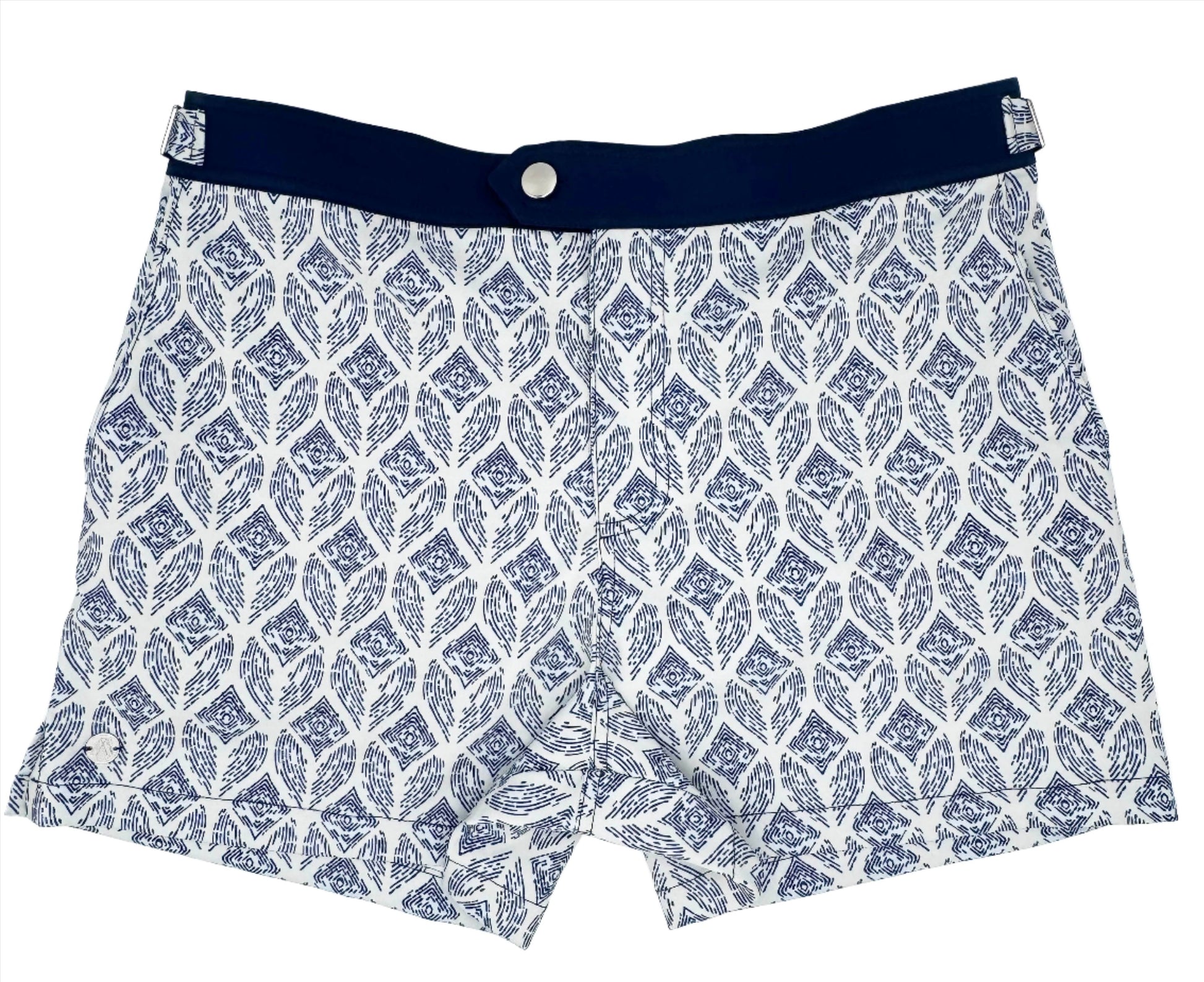 A pair of swim shorts with a geometric pattern in shades of blue and white.