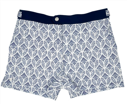 A pair of swim shorts with a geometric pattern in shades of blue and white.