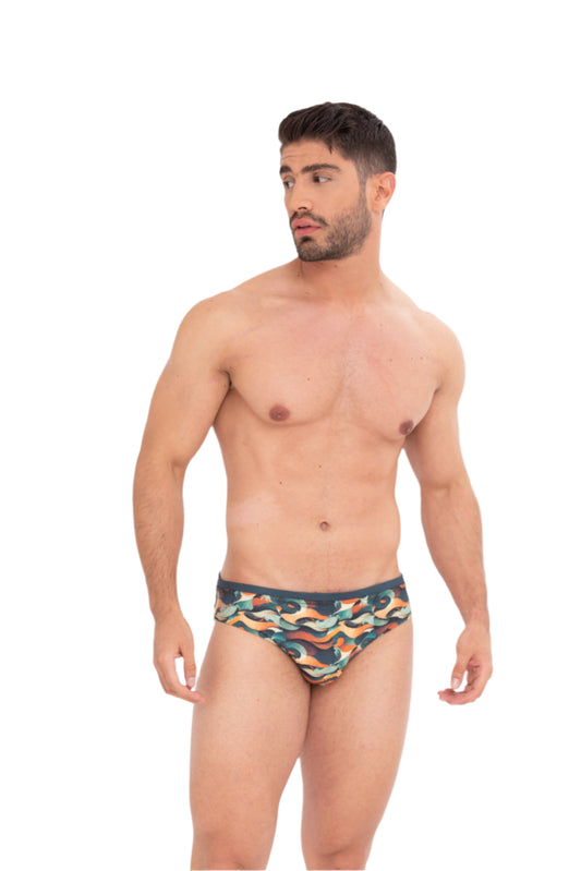 Man wearing MAPA classic swim brief in Manuel Antonio print, inspired byCosta Rica beaches