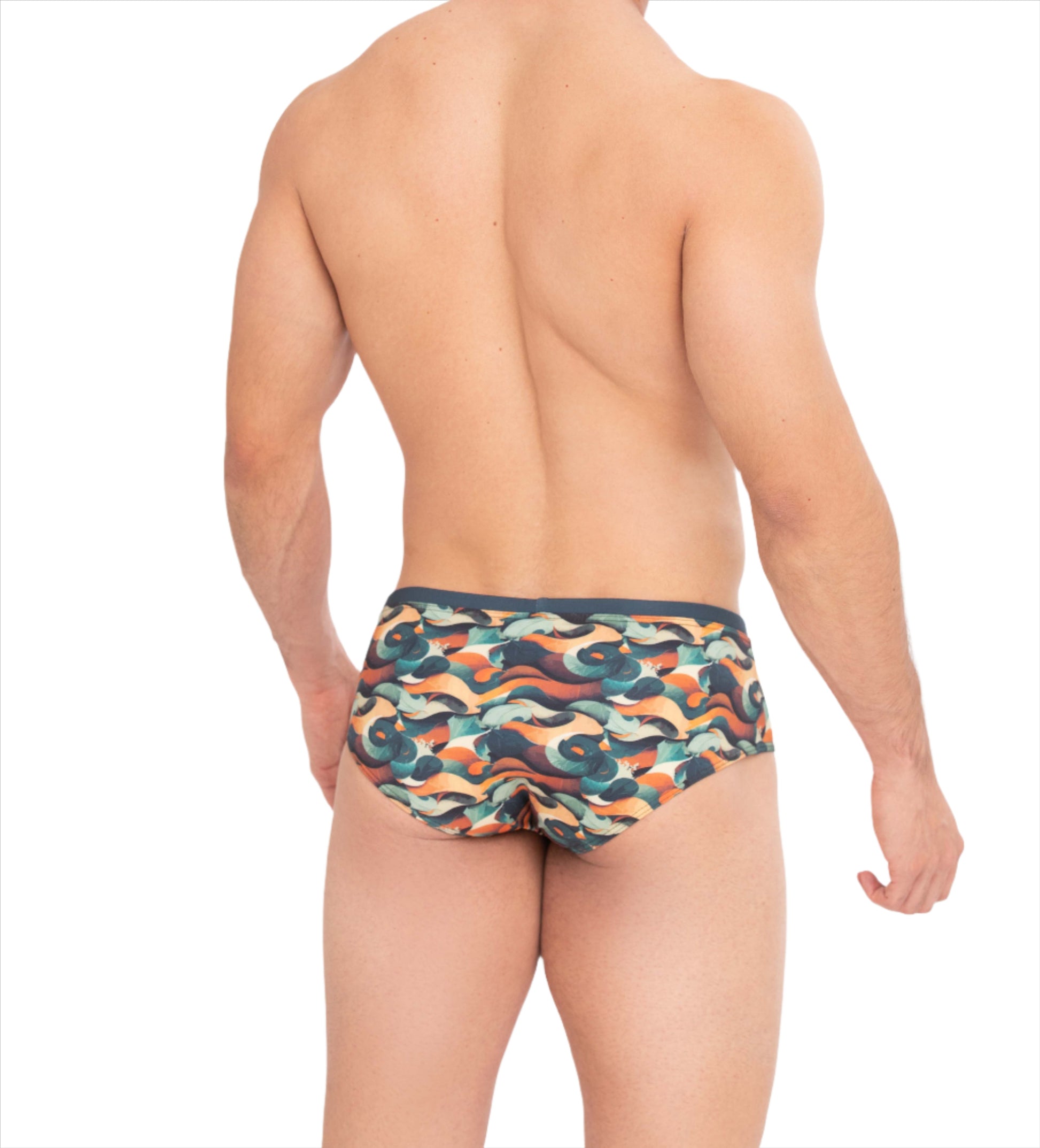 back view of athletic swim briefs inspired by manuel antonio. high-end swim briefs