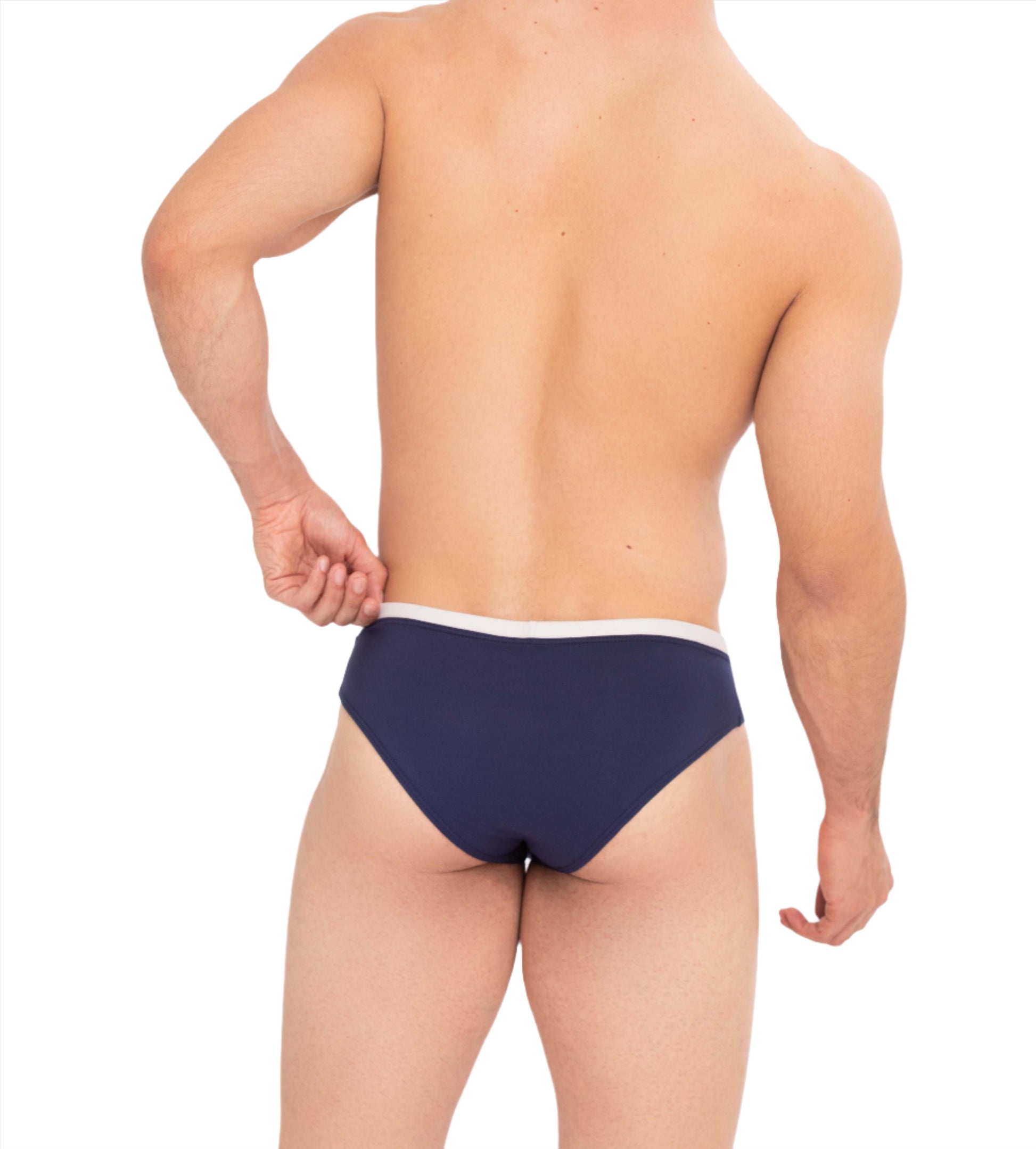 backside of men's luxury men’s swim brief. classic fit in navy