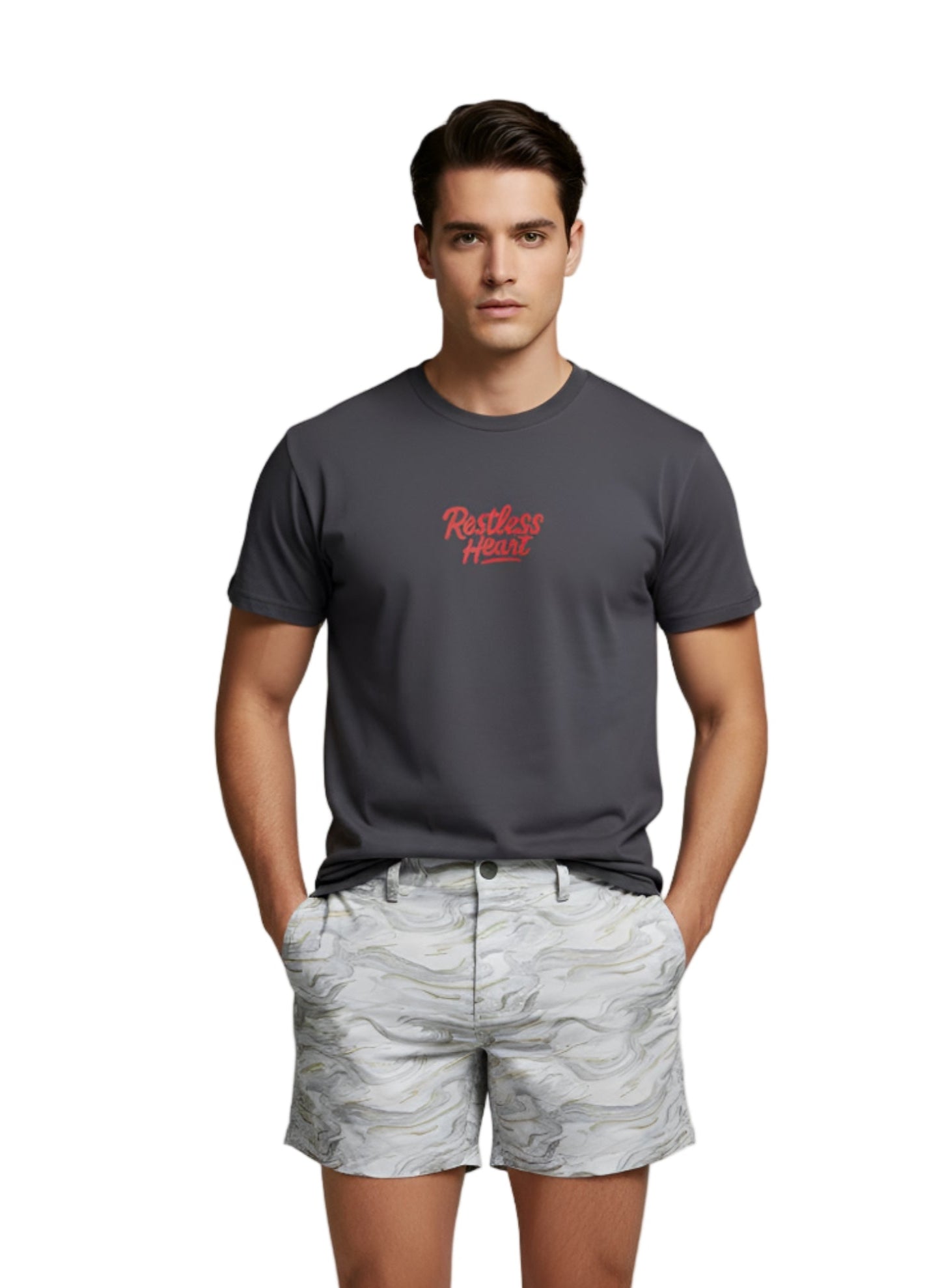Man wearing a dark gray t-shirt with red text and light gray camouflage shorts on a plain background